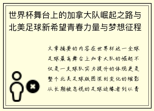 世界杯舞台上的加拿大队崛起之路与北美足球新希望青春力量与梦想征程
