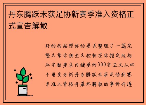 丹东腾跃未获足协新赛季准入资格正式宣告解散