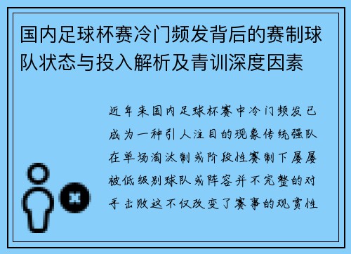 国内足球杯赛冷门频发背后的赛制球队状态与投入解析及青训深度因素
