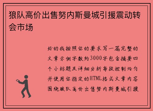 狼队高价出售努内斯曼城引援震动转会市场